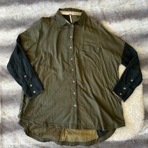 Free People Flowy Green/Blue/Silver Button-up with Pinwheel Patchwork Back